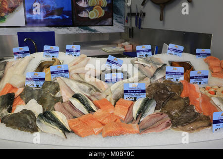 Visualizzazione contatore di pesce fresco, il mercato degli agricoltori, wild atlantic modo, County Cork, Irlanda Foto Stock