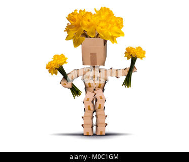 Carattere cassa azienda fiori gialli e ha narcisi per capelli. Isolato su uno sfondo bianco. Consegna fiori o concetto regalo Foto Stock