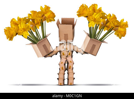 Scatola di contenimento di caratteri grandi scatole di fiori gialli. Isolato su uno sfondo bianco. Consegna fiori o concetto regalo Foto Stock