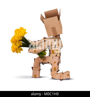 Carattere cassa in ginocchio tenendo mazzetto di giallo daffodil fiori isolati su uno sfondo bianco. Consegna fiori o concetto regalo Foto Stock