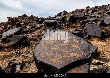 La pittura di roccia, in Yinshan Montagne in Murad medio Banner, Mongolia Interna, Cina. Foto Stock