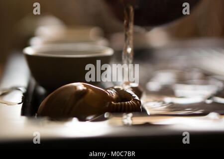 Il tè verde versando in cinese tradizionale cerimonia del tè Foto Stock
