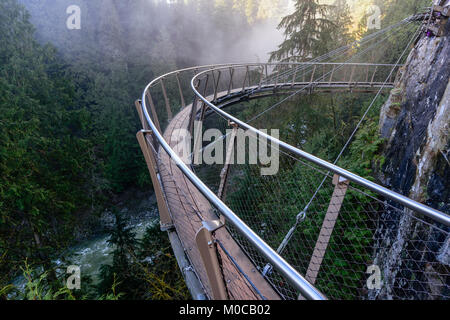Una vista da sopra del ponte di sospensione sui flussi grezzi di un fiume di montagna tra le verdi foreste di nebbia bianco e montagne rocciose in un soleggiato, estate Foto Stock