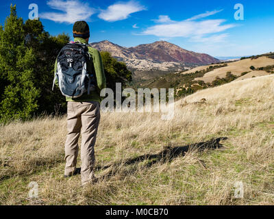 Escursionista solitario sul sentiero di Raven, Morgan territorio Parco Regionale con vista del monte Diablo nella distanza Morgan territorio regionale di preservare, Contra Costa C Foto Stock