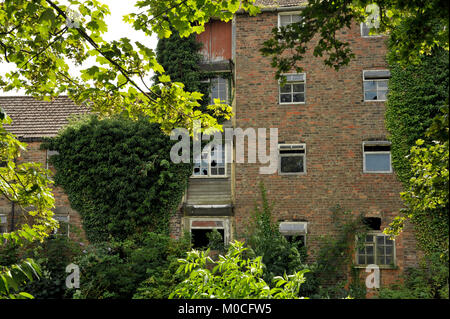 Scorrere verso il basso e in disuso degli edifici adibiti a magazzino in Louth Lincolnshire, Regno Unito, accanto alla navigazione o canal creato dal fiume Lud. Foto Stock