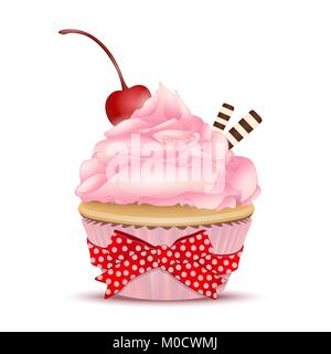 Tortina con rosa crema di frutta con una ciliegia sulla parte superiore e le cialde, illustrazione vettoriale. Disegno di dessert isolato su bianco Illustrazione Vettoriale