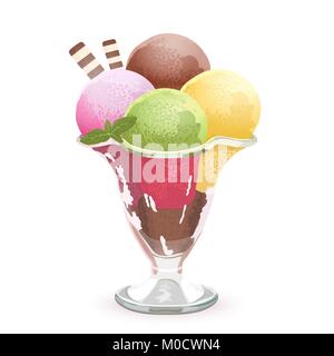 Ice Cream sfere, disegno vettoriale, dipinto di dessert. Quattro differenti palline di gelato in un vaso di vetro, isolato su bianco Illustrazione Vettoriale