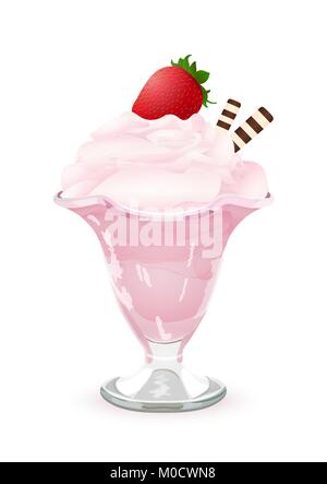 Il gelato in un vaso di vetro, disegno vettoriale, dipinto di dessert. Rosa crema di frutta mousse in una coppa trasparente con una fragola sulla parte superiore e le cialde, isolare Illustrazione Vettoriale