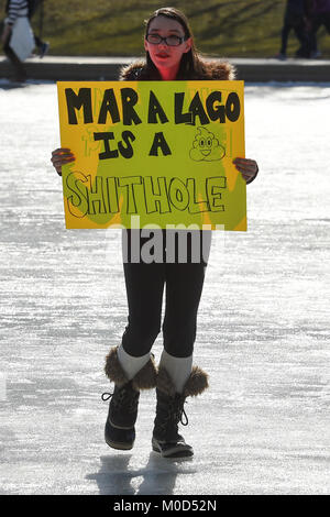 Washington DC, Stati Uniti d'America. Xx gen, 2018. Gen. xx gen, 2018. Un marcher sorge sul parzialmente congelato stagno riflettente con il suo segno durante la donna marzo intorno al Lincoln Memorial a Washington DC, il 20 gennaio 2018 a Washington Credito: csm/Alamy Live News Credito: Cal Sport Media/Alamy Live News Foto Stock