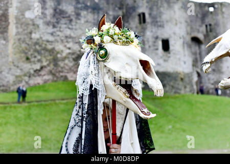 CHEPSTOW, Regno Unito. Il 20 gennaio 2018. Luisa Rossi Exton da Monmouth. Chepstow Wassail e Mari Lwyd (il grigio Mare) celebrazioni. Si tratta di un pre-cristiana folk gallese tradizione che è detto di portare la buona fortuna. © Jessica Gwynne Credito: Jessica Gwynne/Alamy Live News Foto Stock