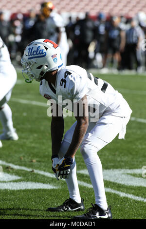 Pasadena CA. Xx gen, 2018. NCAA Football 2018: Team americano defensive back Jaleel Wadood UCLA (34) pronti per la collegiata NFLPA ciotola vs americana National presso il Rose Bowl di Pasadena, ca. il 20 gennaio 2018 (foto di Jevone Moore) Credito: csm/Alamy Live News Foto Stock