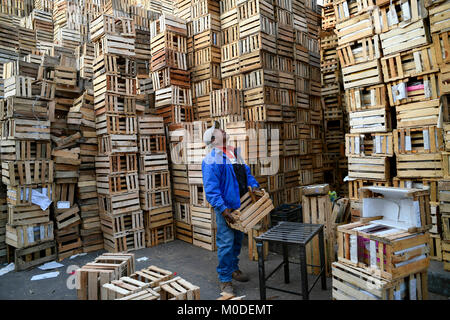 20/gennaio/2018 Un lavoratore fissate scatole di legno chiamato 'huacales' a 'Central de Abasto' mercato in Messico Cit. Circa il 35% dei fiori, frui Foto Stock