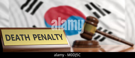 Pena di morte in Corea del Sud del concetto. Giudice martello sulla Corea del Sud sventola bandiera dello sfondo. 3d illustrazione Foto Stock