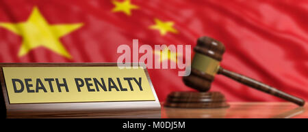 Pena di morte in Cina concetto. Giudice martello sulla Cina sventola bandiera dello sfondo. 3d illustrazione Foto Stock