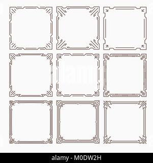 Set di 9 eleganti camere riccamente decorata square cornici decorative in mono stile di linea con angoli arrotondati Illustrazione Vettoriale