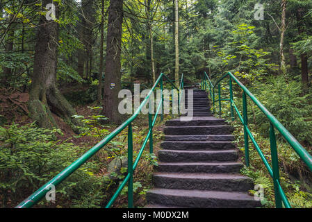 Scale su Szczeliniec Wielki, la vetta più alta delle montagne Stolowe (tabella montagne) gamma, parte dell'Sudetes, Bassa Slesia voivodato, Polonia Foto Stock