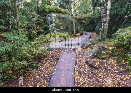 Via turistica su Szczeliniec Wielki, la vetta più alta delle montagne Stolowe (tabella montagne) gamma, parte di Sudetes, Bassa Slesia regione della Polonia Foto Stock