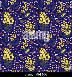 Carino seamless pattern in piccolo fiore. Piccolo giallo e bianco fiori. Sfondo blu scuro. Ditsy stile floreale. Stampe di moda. Vettore. Illustrazione Vettoriale