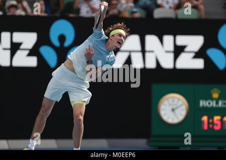 Australia. Xx gen, 2018. Il tedesco tennista Zverev Alexander è in azione durante il suo terzo round match presso l'Australian Open vs coreano giocatore di tennis Hyeon Chung il Jan 20, 2018 in Mebourne, Australia. (Foto di YAN LERVAL/AFLO) Credito: Aflo Co. Ltd./Alamy Live News Foto Stock