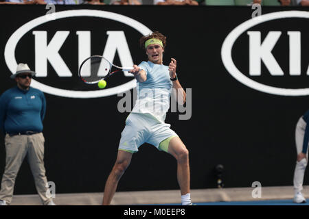 Australia. Xx gen, 2018. Il tedesco tennista Zverev Alexander è in azione durante il suo terzo round match presso l'Australian Open vs coreano giocatore di tennis Hyeon Chung il Jan 20, 2018 in Mebourne, Australia. (Foto di YAN LERVAL/AFLO) Credito: Aflo Co. Ltd./Alamy Live News Foto Stock