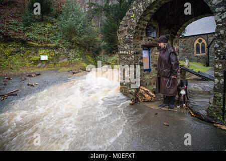 Llandre, Ceredigion nel Galles, domenica 21 gennaio 2018 UK Meteo: acqua di inondazione a cascata di un fiume lungo la strada principale di LLANDRE vicino a Aberystwyth in Galles Centrale, dopo ore di piogge torrenziali hanno causato il piccolo vapore che corre attraverso il villaggio di burst drasticamente le sue banche . I residenti locali realizzati improvvisate con sacchi di sabbia e barriere per cercare di deviare l'acqua lontano dalle loro case. Il flusso chiamate di overflow in alto sopra il villaggio appena al di fuori della chiesa parrocchiale, inviando i detriti verso il basso e lavando via le parti di superficie stradale foto © Keith Morris / Alamy Live News Foto Stock