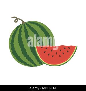 Illustrazione Vettoriale logo per tutta la frutta rossa matura cocomero, stelo verde, tagliare la metà, affettato berry slice con carne rossa. Anguria motivo dal dolce naturale cibo. Illustrazione Vettoriale