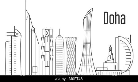 Doha skyline della città - downtown cityscape, Qatar monumenti in stile camicia Illustrazione Vettoriale