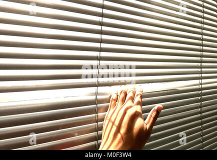 La mano di prendere un peek attraverso le persiane della finestra Foto Stock