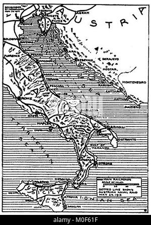 La prima guerra mondiale - Un 1917 mappa che mostra attività militare nel 1914-1918 Prima Guerra Mondiale - Italia e Austria che mostra il raid navale di Maggio 1915 Foto Stock