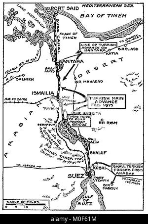 La prima guerra mondiale - Un 1917 mappa che mostra attività militare nel 1914-1918 Prima Guerra Mondiale - WWI mappa dell'attacco turco sul Canale di Suez Foto Stock