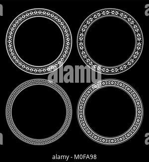 Set di quattro round cornici decorative su sfondo nero Illustrazione Vettoriale