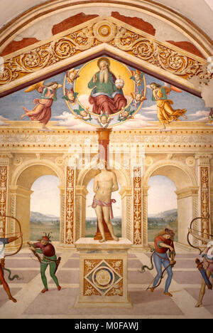 Dettaglio della pittura "Il martirio di San Sebastiano" (1505) di Pietro Vannucci (noto come il Perugino), Chiesa di San Sebastiano, Panicale, Umbria, Italia Foto Stock