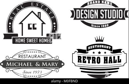 Set di vettore retrò elementi di design, loghi, segni o etichette del ristorante e studi di design. Illustrazione Vettoriale