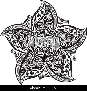 Round asimmetrica elemento decorativo - Pizzi mandala in stile zentangle. Vettore stilizzati fiore per progettare o tatuaggio. Illustrazione Vettoriale