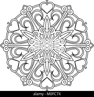 Abstract di nero rotondo di vettore pizzi design - mandala, elemento decorativo con il cuore. Illustrazione Vettoriale