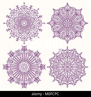 Set di 4 vettore di pizzo decor round - mandala, elementi decorativi. Illustrazione Vettoriale
