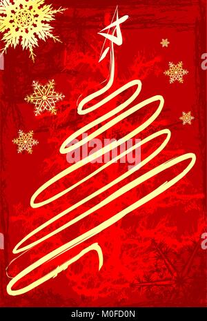 Albero di Natale sfondo rosso con i fiocchi di neve. Illustrazione Vettoriale