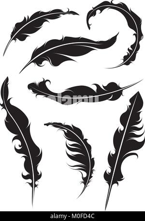 Set di sette in bianco e nero di forme di piume. Disegnata a mano vintage icona vettore. Illustrazione Vettoriale