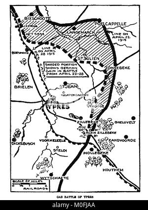 La prima guerra mondiale - Un 1917 mappa che mostra attività militare nel 1914-1918 Prima Guerra Mondiale. Il settore del gas battaglia di Ypres 1915 Foto Stock