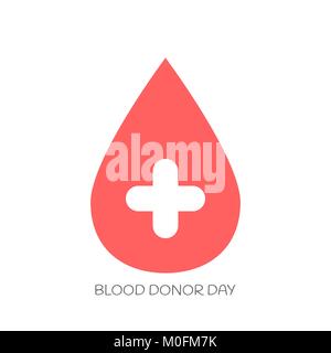 Caduta di minimalista del logo di sangue. Isolato su bianco illustrazione vettoriale con la per il mondo di donatori di sangue il giorno 14 giugno. Semplice caduta con la croce bianca muore Illustrazione Vettoriale