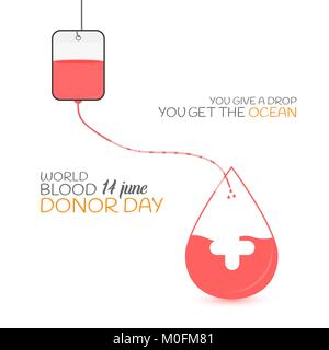 Isolato su bianco illustrazione vettoriale di una sacca di sangue e a forma di goccia bottiglia con una croce bianca e ispirando il testo. Mondiale del donatore di sangue il giorno 14 giugno. Hai gi Illustrazione Vettoriale