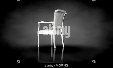 3D rendering di una sedia bianca su sfondo nero con la riflessione di massa Foto Stock