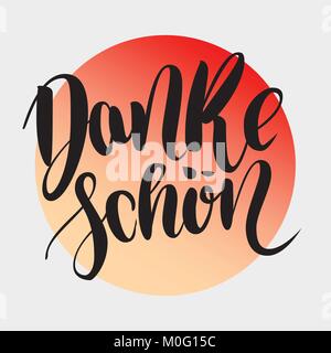 Danke schoen. Ringrazio in tedesco. Vector disegnati a mano lettering spazzola sul gradiente colorati isolato su sfondo grigio. Moderna cartolina handlettering f Illustrazione Vettoriale