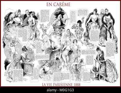 Francese rivista satirica La vie parisienne 1888, pagina centrale: en carême - digiuno. Umorismo, caricature, ritratti Foto Stock