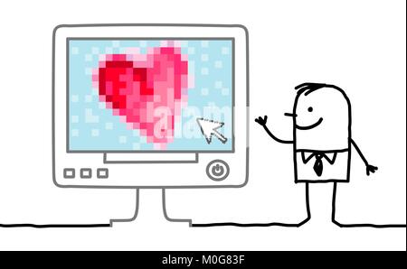 Cartoon uomo con grande cuore sul computer Illustrazione Vettoriale