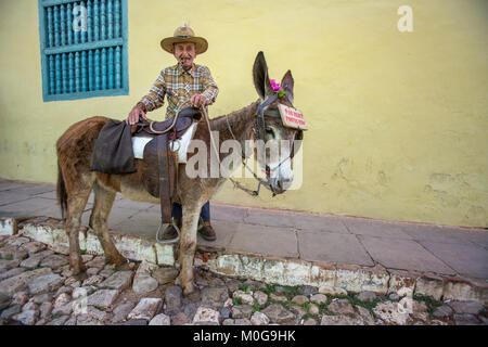 Il vecchio uomo e il suo asino per affitto in Trinidad, Cuba Foto Stock