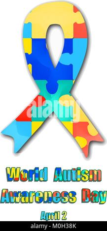 Puzzle e nastro con Mondo autismo giorno. Illustrazione Vettoriale su sfondo isolato. Illustrazione Vettoriale