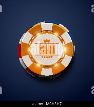 Vector giallo casinò poker chip con spia luminosa elementi, vista dall'alto. Sfondo blu scuro. Online casino blackjack, poster, eps 10 illustrazione Illustrazione Vettoriale