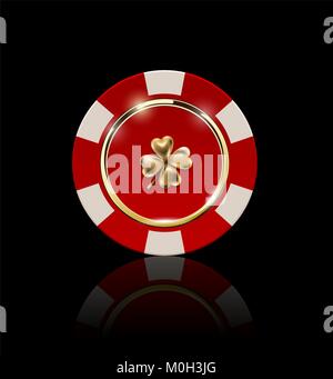 VIP Poker di colore rosso e bianco chip con anello d'oro e effetto di luce vettore. Black Jack Club poker casino quadrifoglio emblema isolato su nero Illustrazione Vettoriale