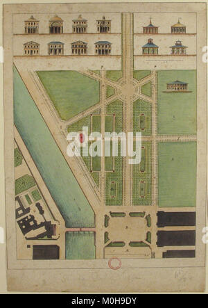 Una rappresentazione del XIX secolo del Jardin Public agli Champs-Élysées di Parigi, che mostra un giardino paesaggistico con sentieri, alberi e figure che si godono attività di svago in un parco urbano. Foto Stock